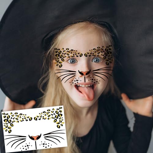 Leopard Face Stickers - 4 Sheets Halloween Temporary Tattoo Stickers for Face & Body - Wild Animal Print Fake Tattoos for Costume, Party, Festival, Tiger & Leopard Makeup