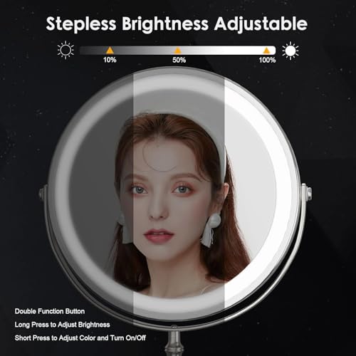 Lighted Makeup Mirror, 3000 mAh Rechargeable Double Sided Magnifying Vanity Mirror with 3 Colors, 1x/10x, 360¡Æ Rotation , Brightness Adjustable Magnification Cosmetic Light up Mirror, Women Gift