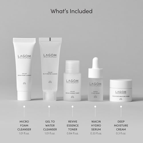 LAGOM Mini 5-Step Travel Kit | Daily Cleansing Skincare Kit, Gel to Water, Micro Foam Cleanser, Niacin Serum, Deep Moisture Cream, Korean Skin Care Trial Kit