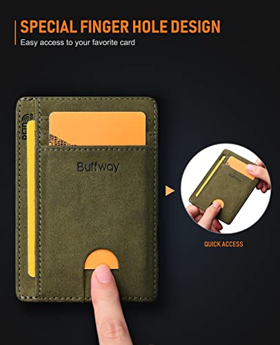 Buffway Slim Minimalist Front Pocket RFID Blocking Leather Wallets for Men and Women - At Sahara Desert Green