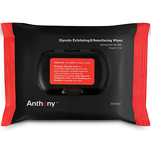 Anthony Glycolic Exfoliating & Resurfacing Wipes – Men’s Cleansing Face Cloths to Clean and Brighten Complexion – Gentle Pore Refining for Normal, Oily or Sensitive Skin – 30 Sheets per Bag