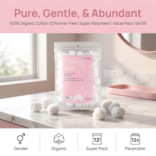 Hedume Organic Pure Cotton Balls - Soft & Absorbent (1200 Count, 12 Pack)
