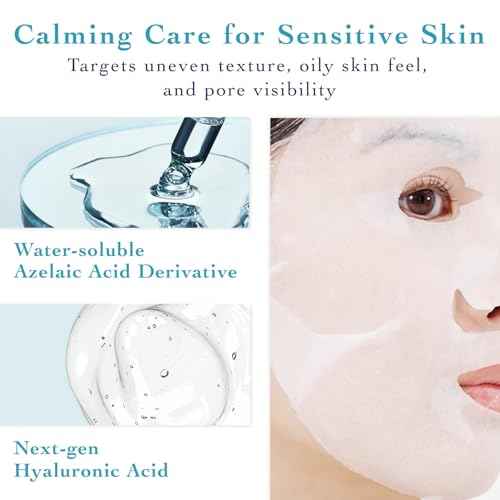 Lululun 7EA Moisturizing Face Mask for Women & Men Sensitive Skin, Organic Face Mask Sheets for Acne-Prone Skin with Azelaic Acid & Bifida Ferment, Facial Mask & Sheet Mask from Japan, Hydra-AZ