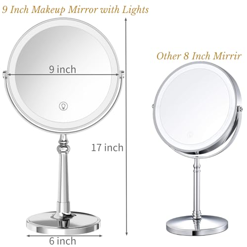 9" Large Make up Vanity Mirror with Lights Chrome Two Way Mirror 1x/10x Magnifying Mirrors with Light and Stand 4000mAh Rechargeable Led Makeup Mirrors for Desk Dresser Table
