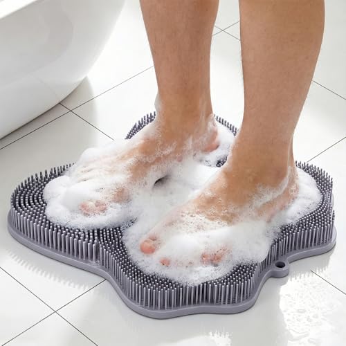 ozner Silicone Shower Foot Scrubber Mat,Back Washer Bath Wash Pad Exfoliating & Massage, Wall Mounted Slip Strong Suction Cups for Use in Cleaner Men and Women (Grey)