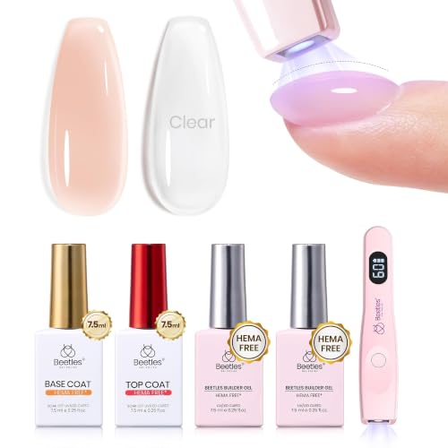 Beetles Builder Gel Nails Kit HEMA-Free with Clear & Nude Gel, Handheld UV/LED Lamp