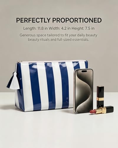 Navy Blue Striped Waterproof Cosmetic Bag | Beach Travel Pouch