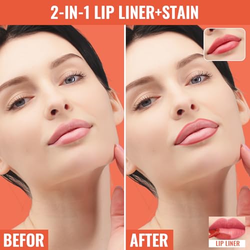 Vevivia 2pcs Lip liner Stain Peel Off,2-in-1 Lip Liner with Tweezer,Lip Stain Waterproof Long Lasting,Non-Fading Peel Off Lip Color,Stay On All Day,Perfect for Gift (Nude+Rose)