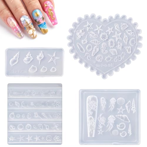 Ocean-Themed 3D Nail Gel Molds Set with Shells, Starfish & Dolphins