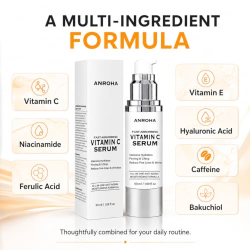 Anroha 50 mL Vitamin C Serum for Mature Skin, Fragrance-Free with Niacinamide & Hyaluronic Acid, Airless Pump
