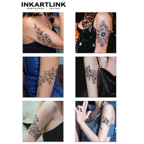 INKARTLINK 6 Sheets Temporary Tattoos, Semi-Permanent Tattoo, Fake tattoos, 1-2 Weeks Tattoo, For the Mature and Elegant Women, Flower Tattoos Temporary.