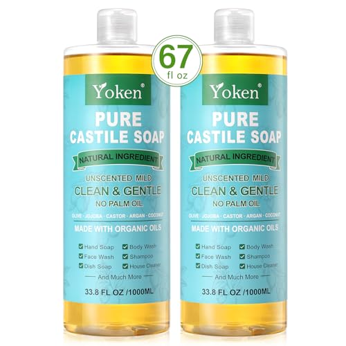 Yoken Pure Castile Soap Liquid Unscented 67 fl oz Castile Liquid Soap Made With Organic Oil, Clean & Gentle, No Palm Oil,Vegan, Natural Castile Soap for Face Body Wash, Hand Soap, Dishes Multi-purpose