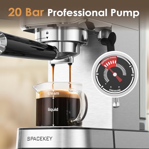 Spacekey Silver Espresso Machine with Milk Frother, 20 Bar Compact Coffee Maker for Home, 39oz Removable Water Tank