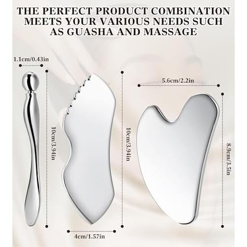 Gua Sha Facial Tools, 3 in 1 Stainless Steel Metal Guasha & Eye Cream Applicator Facial Sculpting Tool Set Eye Massager Lymphatic Drainage for Face Neck (Plastic Box 3, Count, 3)