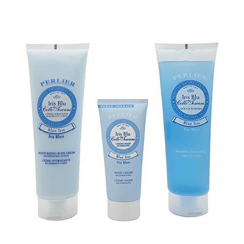 Perlier ? Blue Iris Body Care Trio Gift Set, Shower Gel 8.4 oz + Body Cream 8.4 oz + Hand Cream 3.3 oz, Hydrating Formula, Soft and Silky Skin, Floral Scent, Made in Italy, Beauty Gift Set