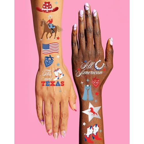 xo, Fetti American Cowgirl Temporary Tattoos - 54 Silver Foil Pcs | Birthday Accessory, Western Bachelorette USA Party Favor, 4th of July Activity