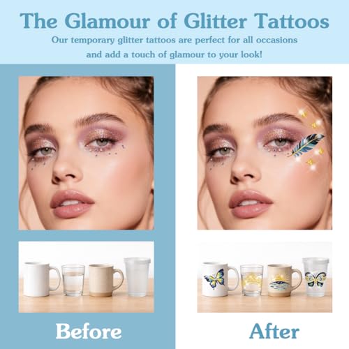 PandaHall 20 Sheets Glitter Temporary Tattoos - 5 Styles