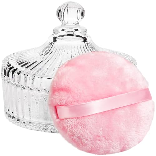 Teenitor Powder Puff 5.5" Extra Large Powder Puff and Container, Dusting Powder Container with Puff, Glass Crystal Powder Container for Body Powder Puff Pink