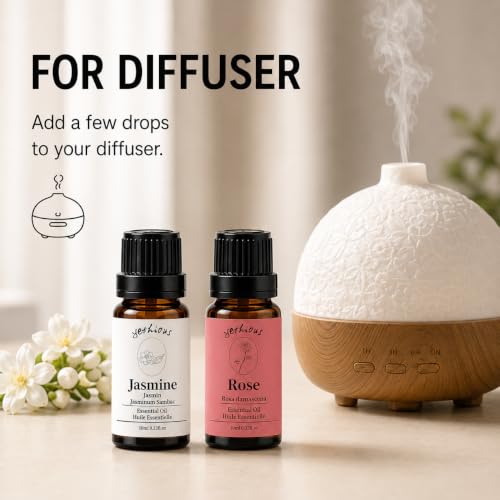Yethious Rose & Jasmine Essential Oil Set for Diffuser, Skin & Hair Care – Pack of 2, 0.33 Fl Oz Each