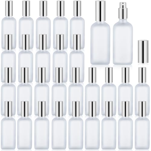 30 Pcs Glass Spray Bottle, 3.4 oz/100 ml Frosted Glass Spray Bottles, Perfume Empty Bottles, Refillable Container for Perfume, Clear Bottle with Sliver Fine Mist Sprayer for Face Body Travel