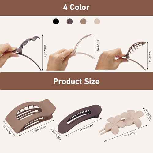 12 Pack Flat Hair Clips for Women ? Matte Neutral Square Claw Clips, Flat Barrettes & Flower Pins in Black, Blonde,Light Brown & Dark Brown, Soft Touch Hair Accessories for Thick & Thin Hair