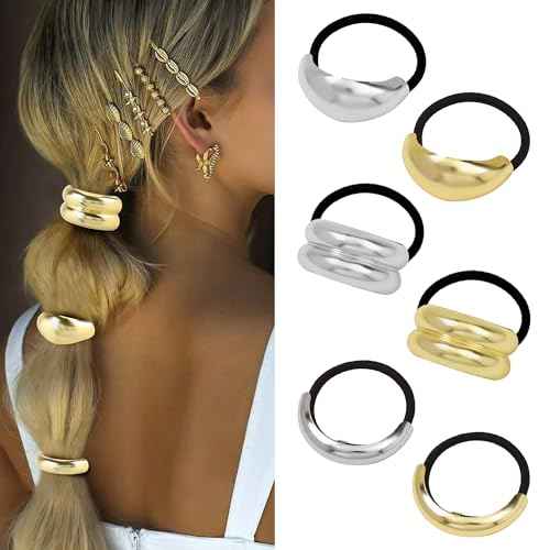 Hair Ties for Women, Gold Metal Hair Cuffs Hair Accessories Elastic Hair Ties Ponytail Cuff Hair Bands for Both Thick Hair and Thin Hair