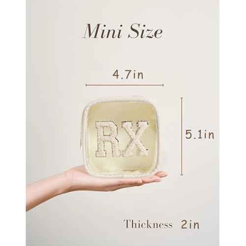 Small Chenille Letter Clear Medicine Makeup Bags,Nylon PVC Waterproof Rx Pouch with Metal Zipper, Cute Drug First Aid Travel Organizer for Women Girls(06Beige)