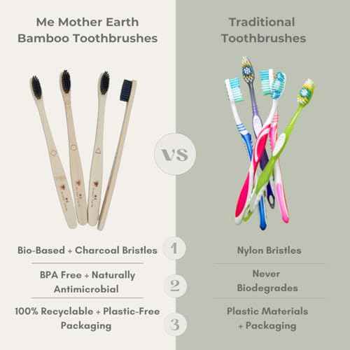 ME MOTHER EARTH Bamboo Charcoal Toothbrush Pack, Medium Soft Bristle Brush, Charcoal Infused Bristles, Biodegradable & Eco Friendly, Sustainable Bamboo (Pack of 4)