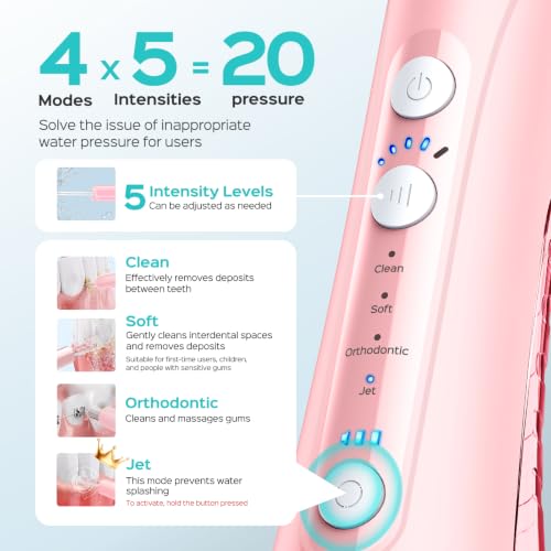 COSLUS ADA Accepted Pink Water Dental Flosser 4 Modes 5 Intensity Levels