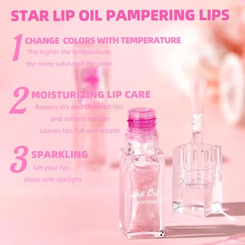 Color Changing Lip Oil with Brown Lip Liner,Big Brush Head Hydrating Non-Sticky Moisturizing Lightweight Magic Pink Glitter Tinted Lip Gloss for Women Plumping Lip Glow Oil for Dry Lips Makeup