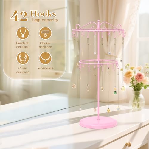 MODOWEY 42-Hook Rotating Necklace Organizer Stand, Adjustable 2-Tier Display
