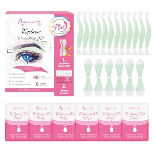 Beauty7 Fit Eyebrow Wax Strips Plus Volum, Pre-cut Facial Hair Removal, Lip Hair Removes, at Home Waxing 48 Strips, 6 Calming Oil Wipes, for All Skin Types Women