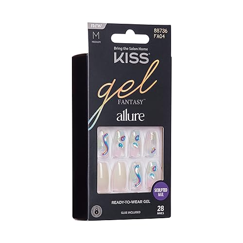 KISS Gel Fantasy Allure Ready-To-Wear Fake Nails ? Medium, Coffin Shaped - Band of Color, Salon Quality, Smudge Proof, Waterproof, Durable, Wearable, Flexible, Chip Proof, Gorgeous & Shiny | 28 Count