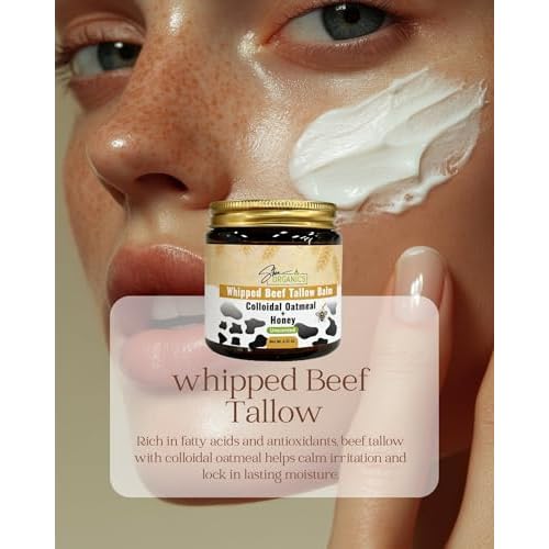 Shea Organics Whipped Beef Tallow Balm for Face & Body | 100% Grass-Fed Tallow with Colloidal Oatmeal & Honey | Unscented Moisturizer for Sensitive, Eczema-Prone & Rosacea-Prone Skin | 4.23 oz