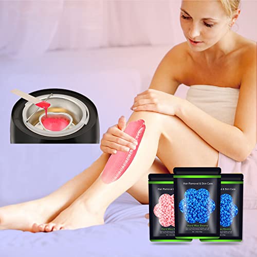 Auperwel Hard Wax Beads for Sensitive Skin 10.5 oz - Blue & Pink Variants for Painless Hair Removal, Bikini, Face, Legs, Eyebrows, 3-Pack with 10 Wax Sticks