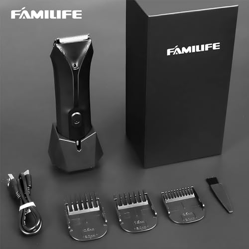 FAMILIFE Body Trimmer for Men, Ball Trimmer Men, Electric Groin & Pubic Hair Trimmers, Replaceable Ceramic Blade Heads, Waterproof Wet/Dry Use, Standing Recharge Dock, 90 Minutes Usage