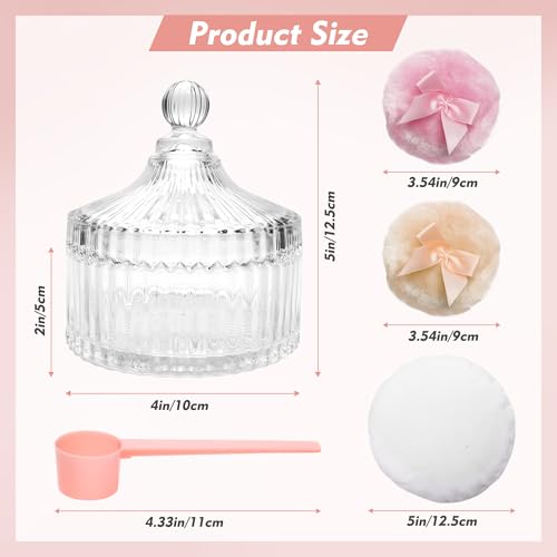 6 Pack Large Body Powder Puff and Container Set, Anglecai 4 Inch Crystal Powder Container for Body Powder Puff Dish with 3P Powder Puffs and 2P Spoon