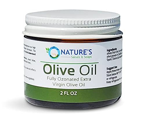 Nature's Salves and Soaps Fully Ozonated 100% Organic Cold Pressed Extra Virgin Olive Oil. Holistic, Homeopathic, Natural, Dental, Skin, Hair - 2 Oz - * Glass Jar *