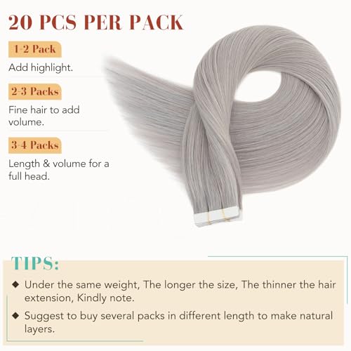 Hairro Tape In Human Hair Extensions For Women 12 inch 40g 20pcs #SILVER
