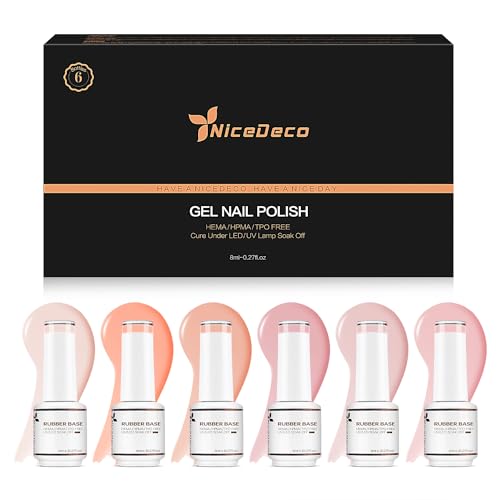 Nicedeco No Wipe Gel Top Coat and Base Coat, 6 Pcs Rubber Base Gel Polish for Nails