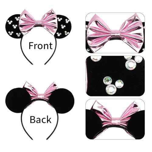 Black Velvet Mouse Ears Headband, Metallic Pink Bow & Crystal Accents for Nightlife & Theme Parks