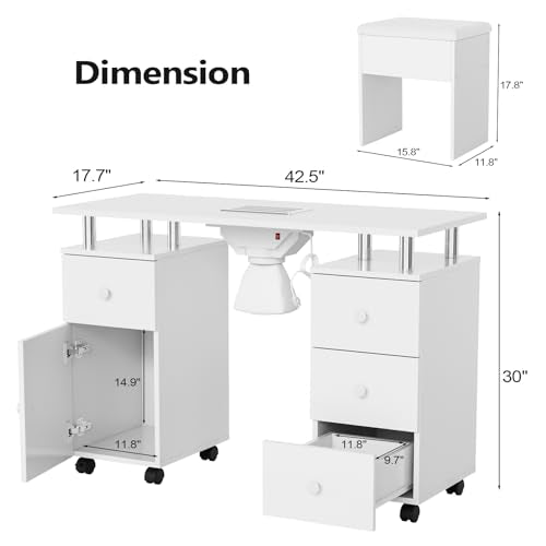 OmySalon Nail Desk & Chair Set with Dust Collector, White