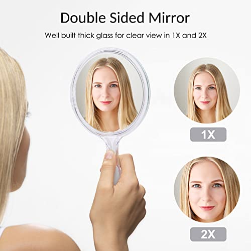 Small Clear Handheld Mirror with Handle 3.9x8.3 Inches - Double Sided 1X 2X Magnification - Clear Frame - Compact Makeup & Salon Mirror