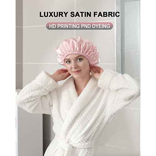 YIZIJIZI Terry Lined Shower Cap,Triple Layer Large Cap for Women,Shower Cap Reusable Waterproof,Long Thick Hair(Pink)