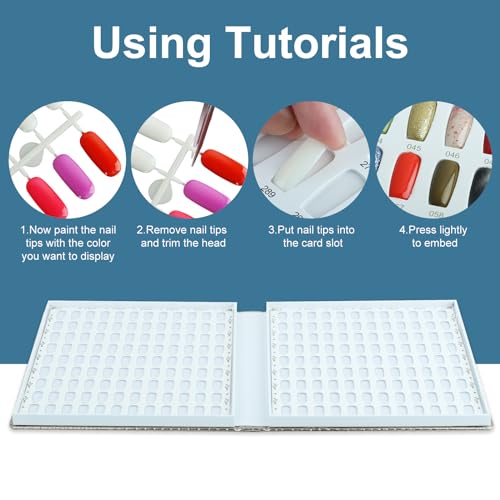216 Nail Display Book with 240 Nail Tips & 300 Number Labels, Professional Gel Polish Nails Art Design Swatches Book (Silver)