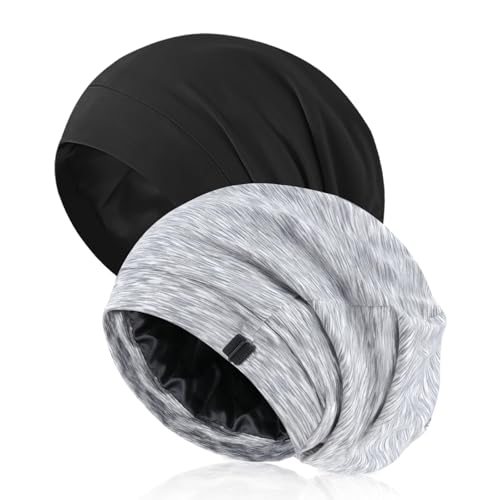 Srevela Black/Gray 2-Pack Satin Sleep Bonnet for Men & Women, Adjustable & Breathable Night Cap