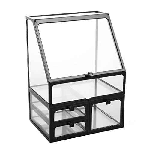 MOOCHI Black Vintage Glass Cosmetic Makeup Organizer 3 Drawers Set Dust Waterproof Cosmetics Storage Display Case Countertop for Brushes Lipsticks Jewelry