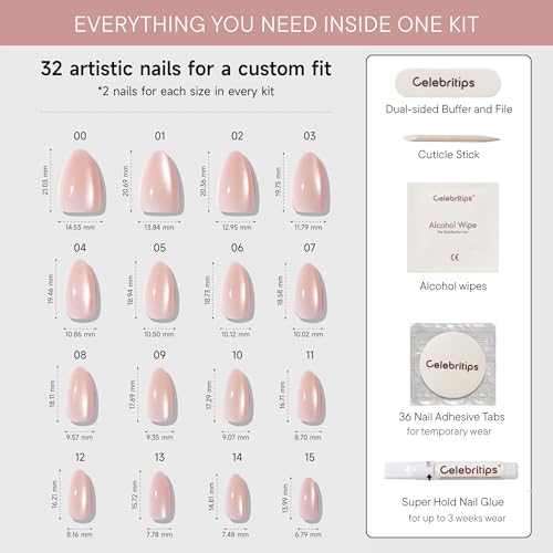 Celebritips Short Almond Press-On Nails | 16 Sizes, 32 Nails Kit