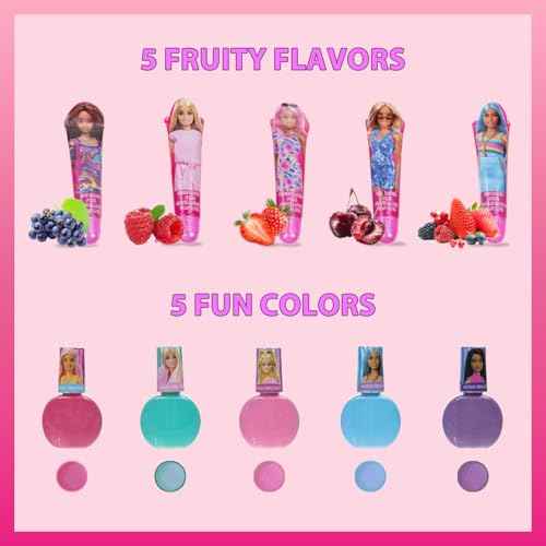 Barbie Cosmetic Makeup Set for Girls with Super Sparkly Lip Gloss Nail Polish and Nail Stickers 11 Pieces, Perfect for Parties Sleepovers Makeovers, Birthday Holiday Gift, Ages by Townley Girl