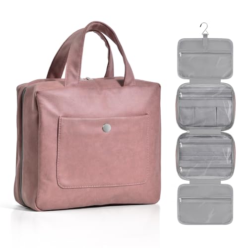 JOMOLA Travel Toiletry Bag Hanging Makeup Bag with Hook Bathroom Cosmetic Toiletry Kit for Hanging Travel Toiletries Essentials Organizer, Light Red Faux Leather